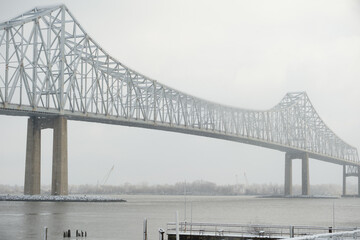 A snowy day looking out over the Commodore Barry Bridge between Pennsylvania and New Jersey
