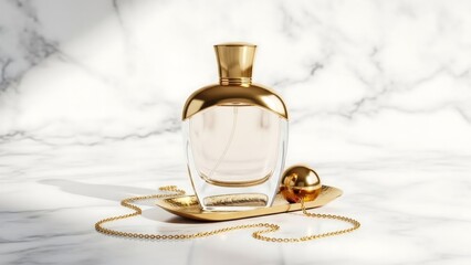 Luxury perfume bottle with golden accessories.