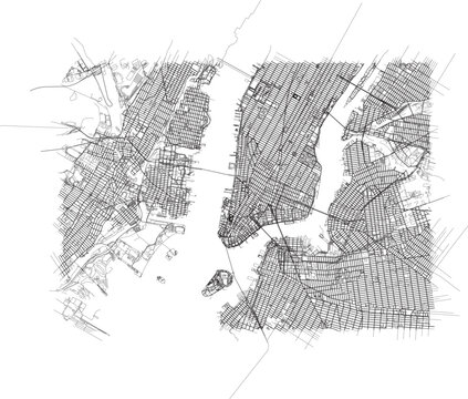 New York City Topographic Map of Road and Rail Network, Manhattan Area