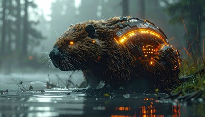 A cyborg beaver stands in water, with glowing circuitry on its back