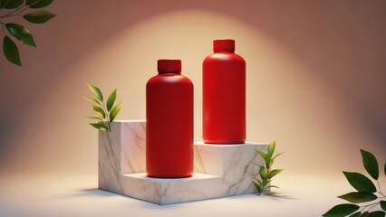 Red bottles on marble pedestal with plants.