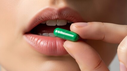 Woman taking green medicine pill orally.