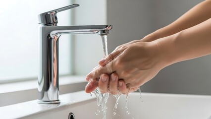 Woman washing hands under faucet sink.