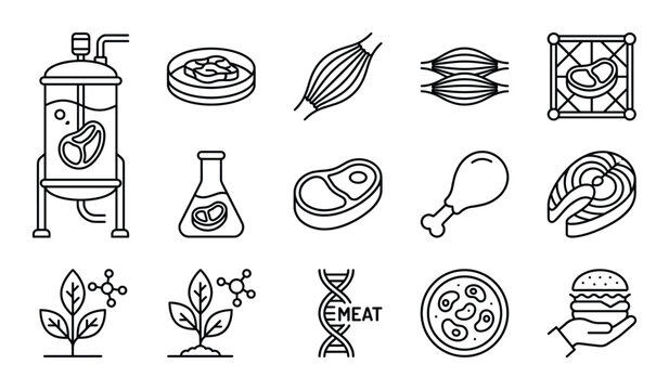 Lab grown meat and synthetic biology icons illustrating sustainable food production and biotechnology