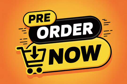Pre Order Now text with shopping cart icon on orange background Keywords: pre order, now, shopping cart, commerce