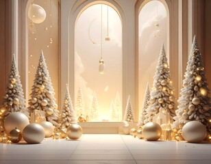 A serene indoor scene features frosted firs, golden ornaments, and floating decor under archways overlooking a warm sunset