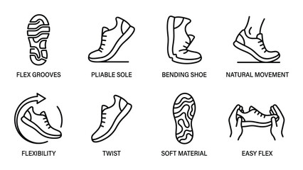 Set of line icons for flexible shoe technology including flex grooves twist and natural movement