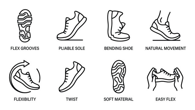 Set of line icons for flexible shoe technology including flex grooves twist and natural movement