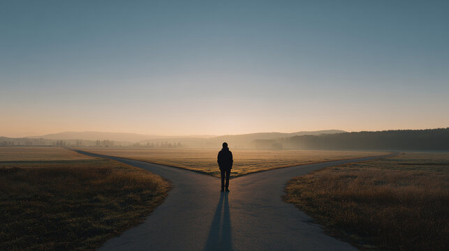 Minimalist conceptual photography of a silhouette standing at a forked road during a misty sunrise, representing decision-making, new beginnings, and the journey of life