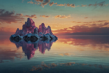 Crystal under a glowing horizon with pastel reflections