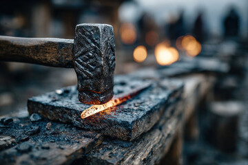 A close-up of the forging process: a heavy blacksmith's hammer strikes red-hot metal on an anvil.  