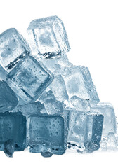 Obraz premium Pile of crystalline and crushed ice with blue hues, condensation, and water droplets on a transparent background with copy space, concept of extreme coldness.