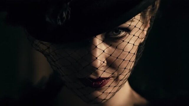 Elegant Woman in Black Hat with Net Veil Portrait