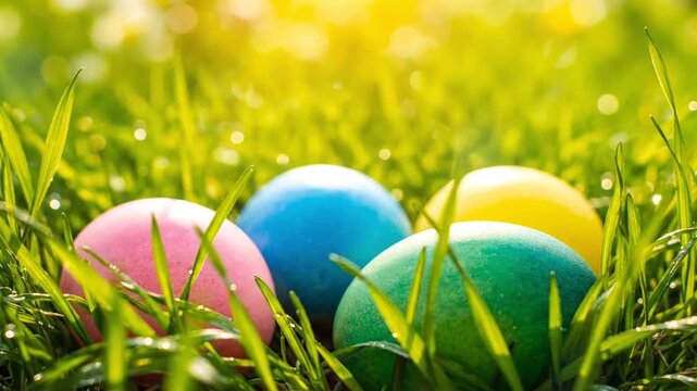Colorful Easter Eggs in Fresh Spring Grass Close Up