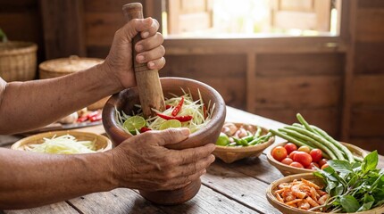 Preparing delicious green papaya salad in a traditional kitchen culinary art rustic setting close-up view thai cuisine inspiration