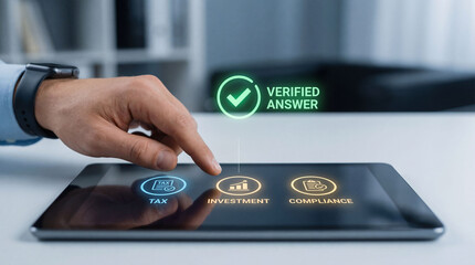 Digital tax and investment compliance solutions business environment interactive tablet interface modern office setting user engagement