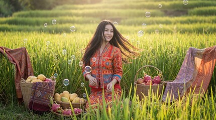 Joyful woman harvesting fruits in lush rice fields nature photography rural environment vibrant colors peaceful scene