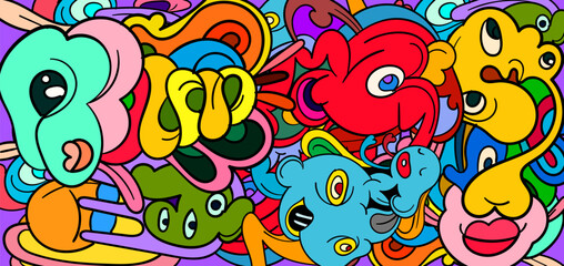Obraz premium Colorful abstract illustration with surreal faces and vibrant patterns