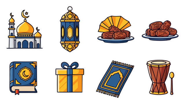 Set of Colorful Islamic and Ramadan Holiday Icons Mosque Lantern Dates Quran Gift Prayer Rug Drum