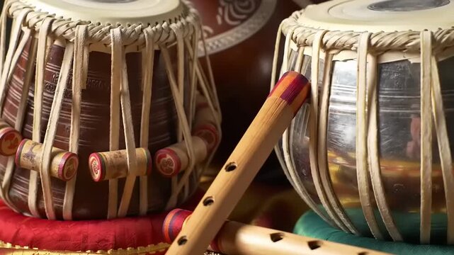 Indian Tabla Drums and Flute Close Up.
