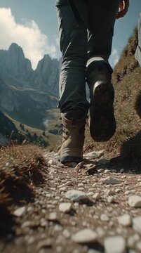 Hiking boots on a rocky mountain trail, capturing the essence of outdoor adventure and exploration