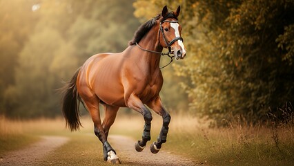 緑豊かな森の小道を軽快に駆け抜ける茶色の馬の正面ショット