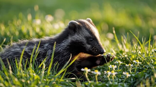 Honey badger in green grass field.