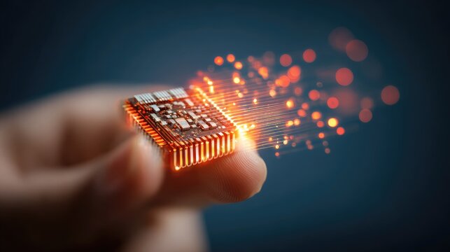 Close up of a microchip held in hand with glowing data streams