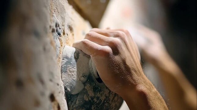 A determined hand with chalk dust, tightly holding a rock climbing grip during an intense ascent