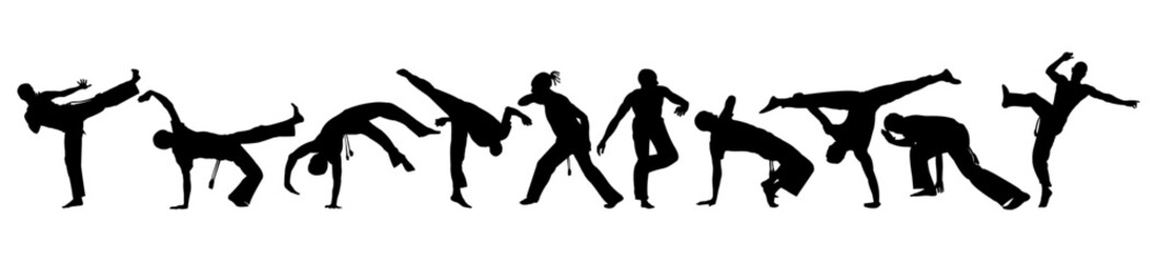 Capoeira silhouette set. Brazilian martial art, fighting, dancing. Various actions, movements, poses. Vector illustration of capoeira dancers isolated on a white background