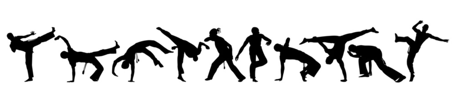Capoeira silhouette set. Brazilian martial art, fighting, dancing. Various actions, movements, poses. Vector illustration of capoeira dancers isolated on a white background