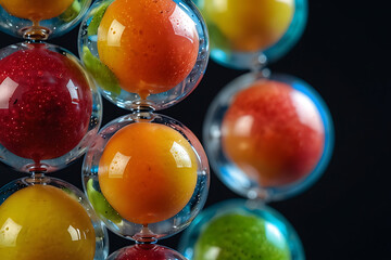 Floating fruits inside transparent spheres with glossy textures