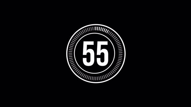 60 Second Digital Countdown Timer Motion Graphic Animation, White Circular HUD Element Ticking from 60 to 0 on Black Background, Clean Minimalist Style 4K 4k video animation seamless loop