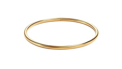 Simple, elegant gold bangle lies on a white backdrop. It's round and smooth, gleaming brightly. Shadows add depth