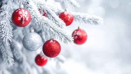 Snow-covered tree branches adorned with red and silver Christmas ornaments in a winter wonderland scene