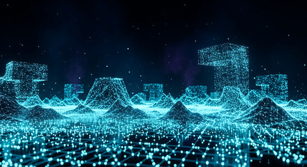 Digital Cityscape with Glowing Blue Lines.