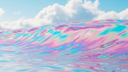 Iridescent Ocean Wave with Swirling Colors Under a Cloudy Sky.