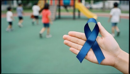 A dark blue awareness ribbon is held by a person in front of a playground, emphasizing the importance of child safety