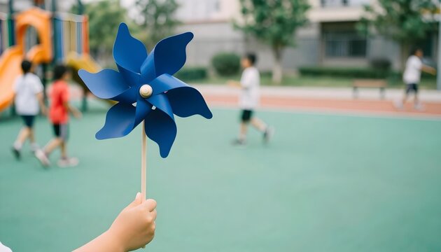 A child joyfully holds a blue pinwheel at a playground, highlighting the theme of childhood innocence and prevention awareness