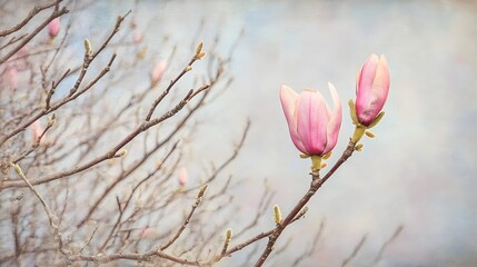 Pink magnolia buds on bare branches early spring flower