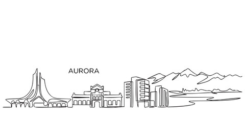 Obraz premium Aurora, Colorado City Skyline Continuous Line Art with Mountains and Landmarks