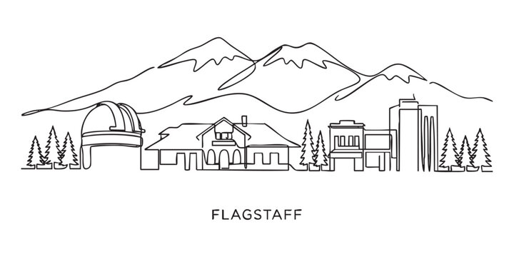 Flagstaff, Arizona City Skyline Continuous Line Art with Mountains and Observatory