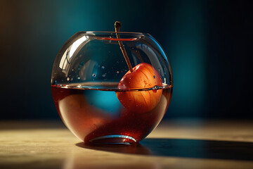 A glass apple suspended in liquid light