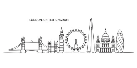 Fototapeta na wymiar London, United Kingdom Skyline Continuous Line Art with Tower Bridge and Big Ben