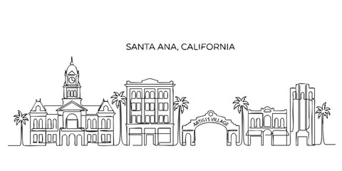 Fototapeta premium Santa Ana, California City Skyline Continuous Line Art with Historic Courthouse