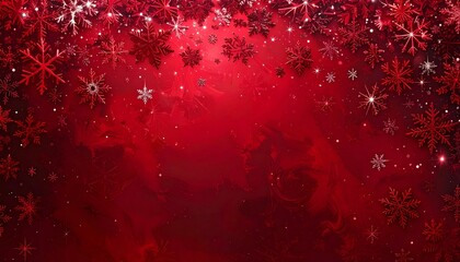 Snowflakes gently falling on a red background from a top viewpoint
