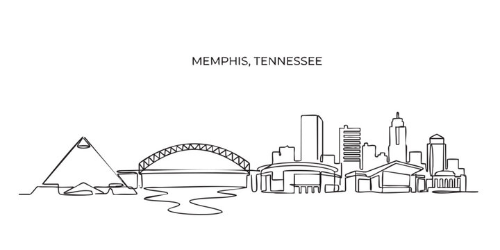 Memphis, Tennessee City Skyline Continuous Line Art with Pyramid and Bridge