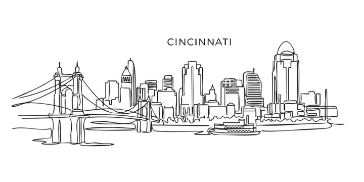 Cincinnati, Ohio City Skyline Continuous Line Art with Suspension Bridge