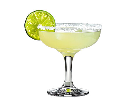 Cocktail in coupe glass with lime slice and salt rim, isolated on black background