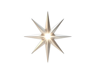 A metallic eight-pointed star, central light flare, against a stark, black background